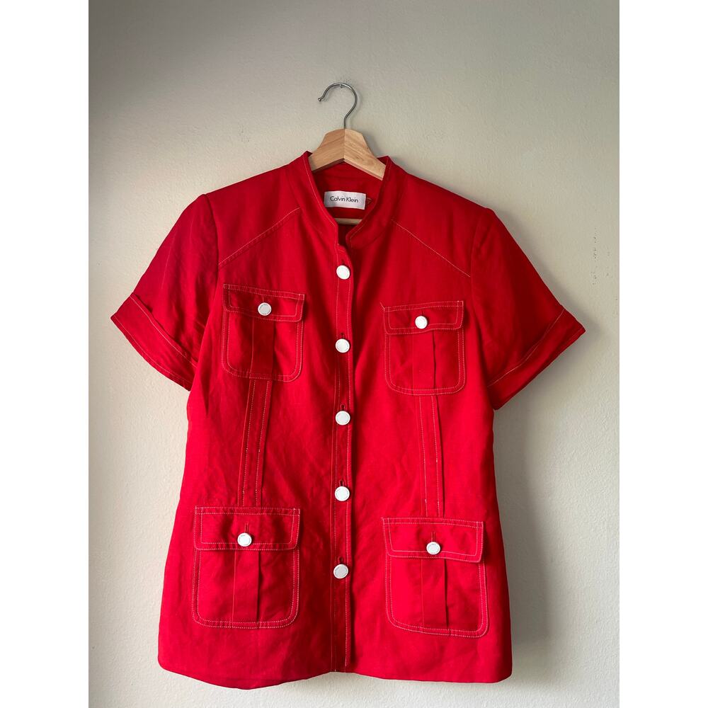 Calvin Klein Red Linen-Blend Short-Sleeve Blazer – Size M/L